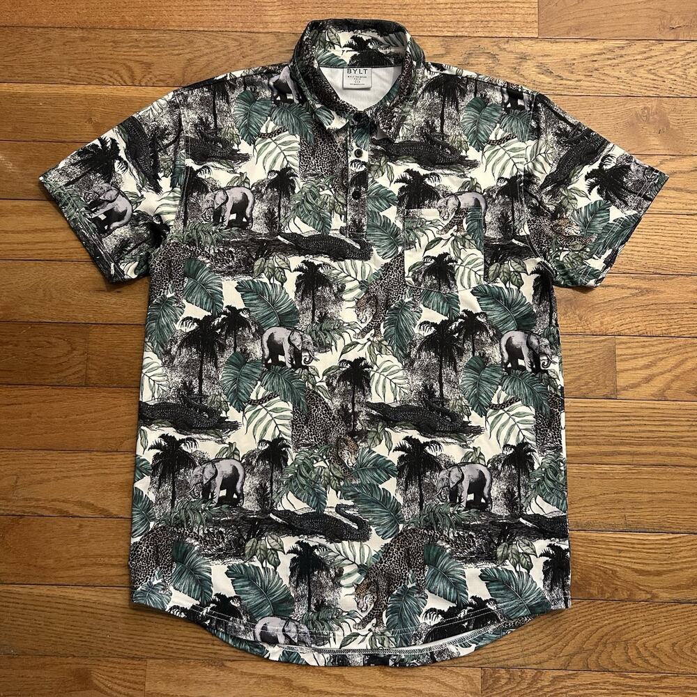 Bylt Printed Polo Hawaiian Safari Performance Button Up Shirt Large